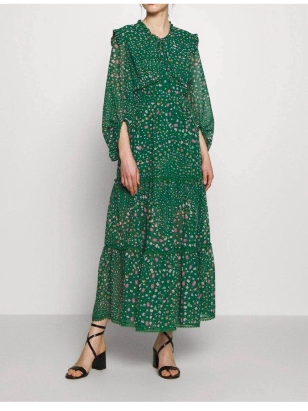 Three Floor Hansen Maxi Dress Green Floral Ruffle Puff Sleeve Size 6